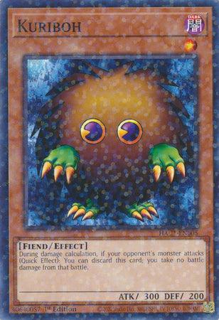 An image of a Yu-Gi-Oh! trading card featuring the Effect Monster "Kuriboh (Duel Terminal) [HAC1-EN005] Common." Kuriboh is a small, fluffy creature with brown fur, large purple eyes with yellow pupils, and small, green clawed feet and hands. The Hidden Arsenal card lists Kuriboh's attack power (ATK) as 300 and its defense power (DEF) as 200.