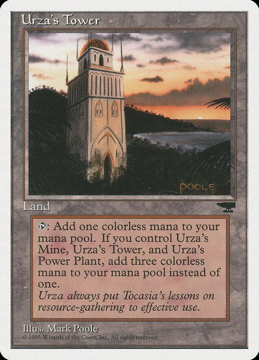 A Magic: The Gathering card titled "Urza's Tower (Sunset) [Chronicles]." The card features an illustration of a tall, narrow tower with windows, situated on a grassy cliff by the ocean at sunset. The text box describes its magical abilities, allowing enhanced mana production when combined with Urza's Mine or Urza's Power-Plant.