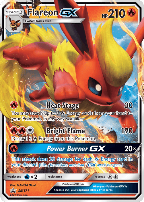 A Pokémon trading card featuring Flareon GX (SM171) [Sun & Moon: Black Star Promos], a Rarity Black Star Promo. It has 210 HP and is a Fire type. Flareon is depicted as a fiery fox-like creature. The card includes three moves: Heat Stage, Bright Flame, and Power Burner GX, with detailed energy requirements, damage statistics, and other effects.