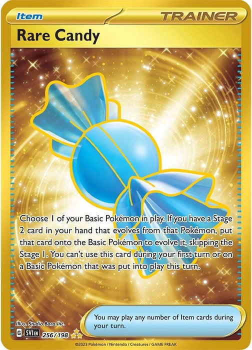 The image displays a "Rare Candy (256/198) [Scarlet & Violet: Base Set]" card from the Pokémon Trading Card Game. This Secret Rare card is golden-yellow, featuring an illustration of a blue wrapped candy against a glowing, sparkling background. The text details its use: evolving a Basic Pokémon into Stage 1 or 2, bypassing the usual evolution steps.