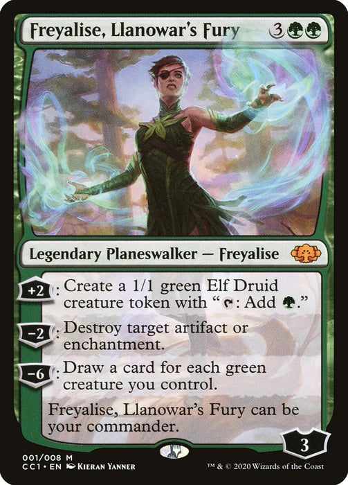 The *Magic: The Gathering* card "Freyalise, Llanowar's Fury" from the *Commander Collection: Green* portrays a legendary Planeswalker enveloped in green magical energy. It has abilities detailed on the left and a mana cost of 3 colorless and 2 green. This card features artwork by Kieran Yanner and is set in a green frame.