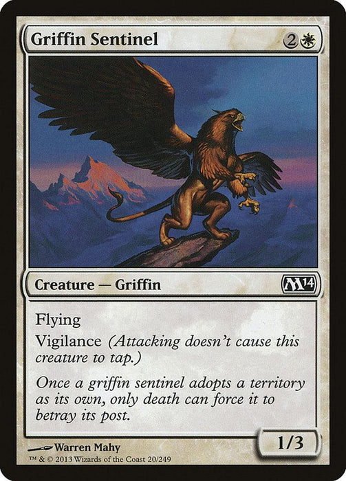 A Magic: The Gathering card named Griffin Sentinel [Magic 2014] from Magic: The Gathering. It depicts a Griffin flying over mountainous terrain at sunset. Costing 2 and a white mana, this Creature Griffin has flying and vigilance abilities, making it a vigilant guardian of its realm with 1/3 stats.