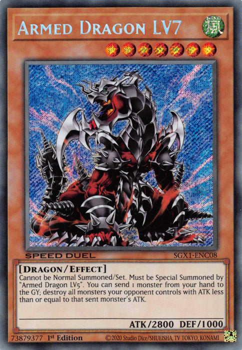A Yu-Gi-Oh! product titled "Armed Dragon LV7 [SGX1-ENC08] Secret Rare," featuring a fierce, armored Effect Monster with red and black scales. The Secret Rare card shows the attributes and effects of the dragon, with attack points (ATK 2800) and defense points (DEF 1000). The card's background is an intricate blue pattern with lighter accents.
