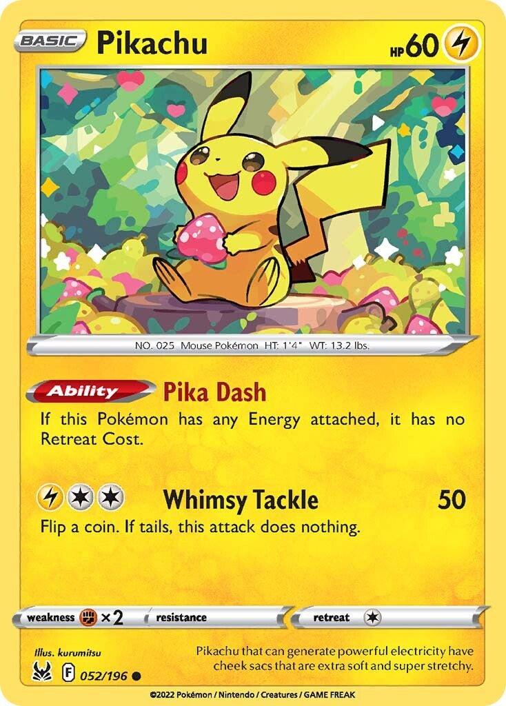 This Pikachu trading card from the Pokémon Sword & Shield: Lost Origin series showcases a Common Pikachu nestled among trees and vibrant mushrooms, holding a pink berry. It has 60 HP and features abilities such as 