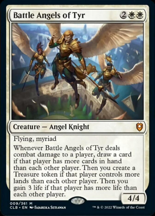 The image shows a Magic: The Gathering card named "Battle Angels of Tyr [Commander Legends: Battle for Baldur's Gate]." It features an illustration of winged, armored angels flying over a landscape. The card costs 2 generic and 2 white mana, is a 4/4 creature with flying and myriad, and has detailed ability text below.
