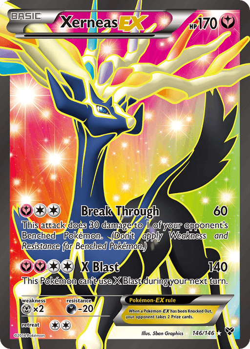 A Pokémon card featuring Xerneas EX (146/146) [XY: Base Set] with 170 HP. This Ultra Rare card displays Xerneas, a blue-and-black deer-like creature with rainbow-colored antlers. The Fairy-type moves listed are Break Through (60 damage) and X Blast (140 damage). The card number is 146/146, with artwork by 5ban Graphics.