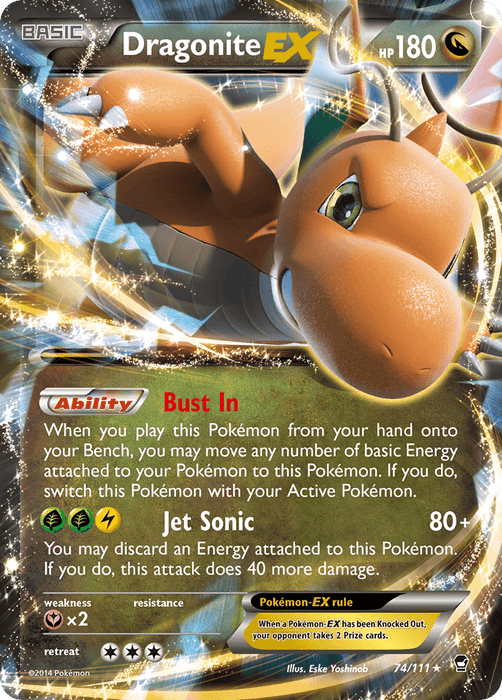 A Dragonite EX (74/111) [XY: Furious Fists] card from the Pokémon series displays an image of the dragon-type Pokémon, Dragonite, flying with an intense expression. This Ultra Rare card features stats like 180 HP, a Bust In ability, and a Jet Sonic attack. It includes weaknesses, retreat info, shiny holographic details, with "74/111" written on the bottom right.