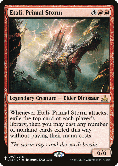 A Magic: The Gathering card titled "Etali, Primal Storm [The List]." This Legendary Creature is a fearsome Elder Dinosaur in a stormy environment. When Etali attacks, it exiles the top card of each player's library, allowing free casting of exiled nonland cards. It boasts an impressive power/toughness of 6/6.