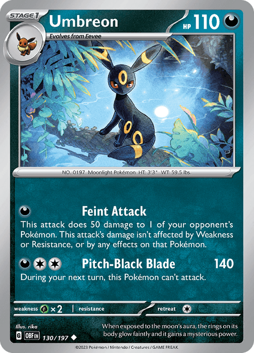 A Pokémon Umbreon (130/197) [Scarlet & Violet: Obsidian Flames] card from the Scarlet & Violet series depicting Umbreon, a black, fox-like creature with yellow rings on its body and large red eyes. The card displays 110 HP and features two attacks: "Feint Attack" and "Pitch-Black Blade." Various stats and abilities are listed, with an illustration by "ruka.