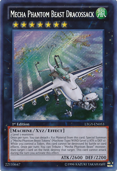 A Yu-Gi-Oh! trading card titled "Mecha Phantom Beast Dracossack [LTGY-EN053] Secret Rare," depicting a mechanical dragon combined with a jet aircraft, its wings outstretched. This 1st Edition Xyz/Effect Monster from the Lord of the Tachyon Galaxy set boasts stats of ATK 2600 and DEF 2200, with the card text detailing its abilities and effects.