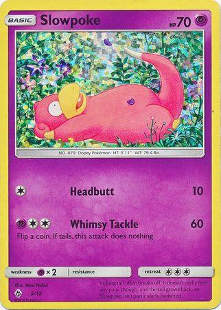 A Pokémon card featuring Slowpoke (5/12) [McDonald's Promos: 2018 Collection], a pink creature with a yellow snout and tail, lying on its back in a flower-filled meadow. The purple card with yellow borders details Slowpoke's Psychic-themed attacks: "Headbutt" and "Whimsy Tackle." Stats include 70 HP, weakness, resistance, and retreat cost.