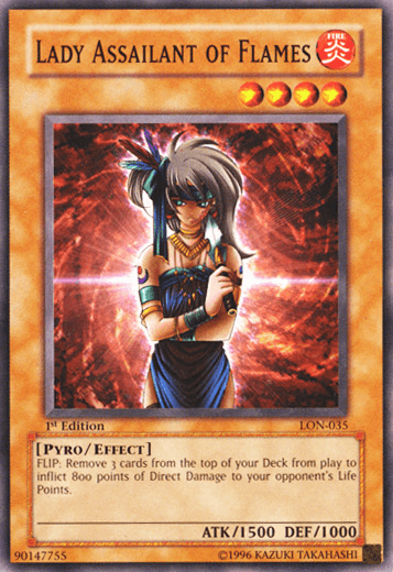 A Yu-Gi-Oh! trading card titled "Lady Assailant of Flames [LON-035] Common." The character is a fierce-looking woman with gray hair, red eyes, adorned in blue and gold attire. She holds a scroll with magic runes. The 1st Edition Effect Monster from Labyrinth of Nightmare has stats: ATK/1500 DEF/1000. Its effect reads: