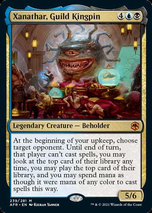 A Magic: The Gathering card titled "Xanathar, Guild Kingpin [Dungeons & Dragons: Adventures in the Forgotten Realms]". This Mythic Legendary Creature-Beholder has a casting cost of 4 generic mana, 1 blue mana, and 1 black mana. With a power/toughness of 5/6, this formidable creature commands multiple eyes amid magical energy and characters reminiscent of Dungeons & Dragons.