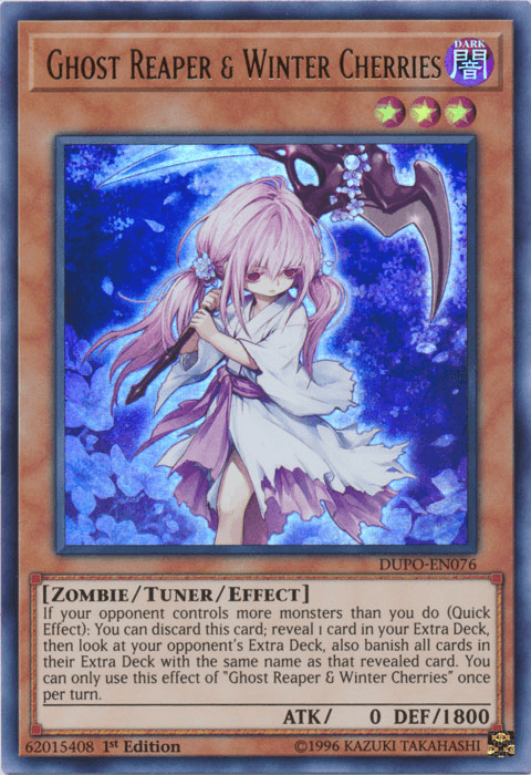 The "Ghost Reaper & Winter Cherries [DUPO-EN076] Ultra Rare" Yu-Gi-Oh! card features a pink-haired figure with a scythe amid a wintry scene. This Dark Tuner/Effect Monster has 0 ATK and 1800 DEF.