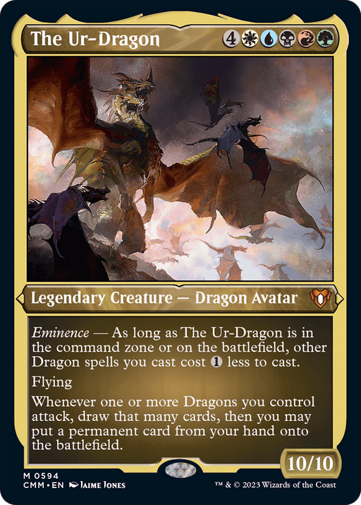 A "Magic: The Gathering" card titled "The Ur-Dragon (Foil Etched) [Commander Masters]." This Dragon Avatar is bordered in gold, indicating its legendary creature status. It depicts a colossal dragon in flight surrounded by smaller dragons. With abilities like "Eminence," "Flying," and drawing a card when dragons attack, its power and toughness are 10/10.