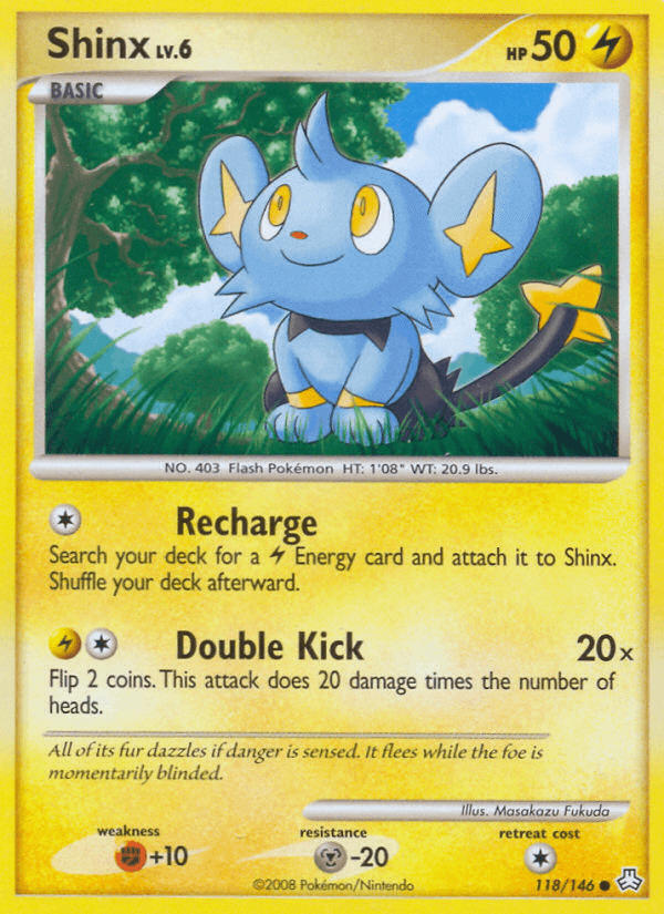 A Pokémon Shinx (118/146) [Diamond & Pearl: Legends Awakened] from the Pokémon series featuring Shinx, a small blue lion-like creature with a yellow star on its tail. The card includes stats like 50 HP, and two attacks: 