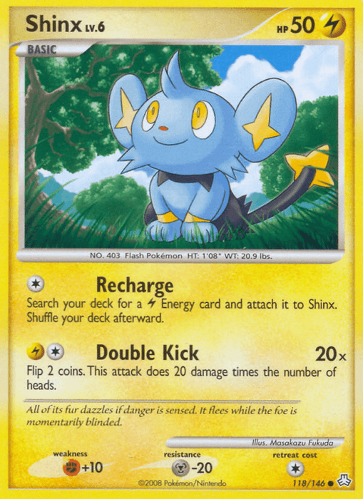 A Pokémon Shinx (118/146) [Diamond & Pearl: Legends Awakened] from the Pokémon series featuring Shinx, a small blue lion-like creature with a yellow star on its tail. The card includes stats like 50 HP, and two attacks: "Recharge" and "Double Kick." Text at the bottom provides Shinx's description and additional game details.