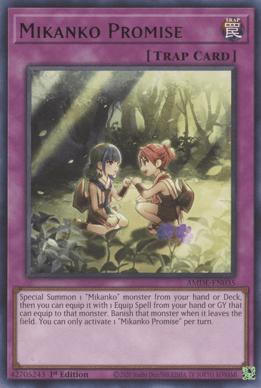 The Yu-Gi-Oh! card "Mikanko Promise [AMDE-EN035] Rare" showcases two young girls, one with blue hair and the other with red, sitting in a forest. They are holding hands near a glowing object. As a Normal Trap card, it provides special summoning and unique equip effects within its text.