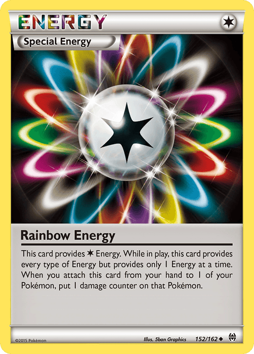 A Pokémon card titled "Rainbow Energy (152/162) [XY: BREAKthrough]" from the Pokémon series. The card has a shimmering, multicolored background. At the top is the "Energy" header, below it the text "Special Energy." A central image of a star with radiant multicolored streaks surrounds it. Uncommon and vibrant, its effects are detailed at the bottom.
