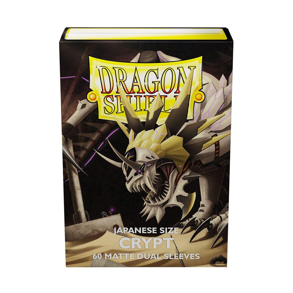 Arcane Tinmen's Dragon Shield Japanese Size 60ct Sleeves - Crypt (Dual Matte) features a menacing mechanical dragon with a spiked head and metallic body on a dark background. The opaque black interior sleeve enhances the mystery.