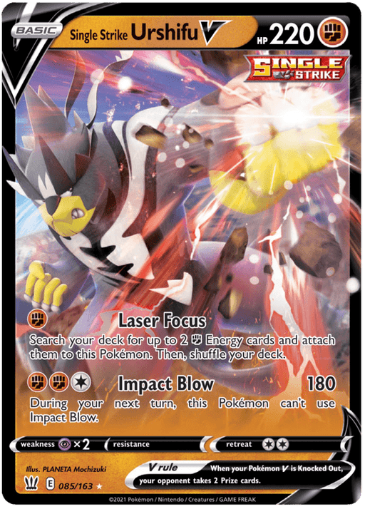 A Pokémon trading card featuring Single Strike Urshifu V (085/163) [Sword & Shield: Battle Styles] with 220 HP. The Ultra Rare design shows the character with a fierce expression, surging energy around it. It has two attacks: Laser Focus and Impact Blow. Details include the card number 085/163, artist PLANETA Mochizuki, and a Single Strike emblem from the Sword & Shield Battle Styles series.
