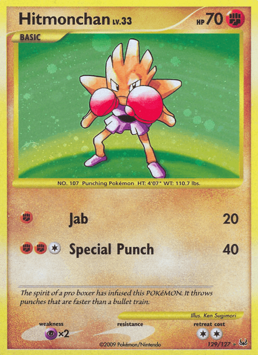 A Pokémon Hitmonchan (129/127) [Platinum: Base Set] from the Platinum Base Set featuring Hitmonchan, a humanoid creature with spiky shoulders, wearing red boxing gloves and a tunic. The Ultra Rare card shows it as a Basic level, with 70 HP. Its abilities are 'Jab' for 20 damage and 'Special Punch' for 40 damage. It is No. 107, a Punching Pokémon.
