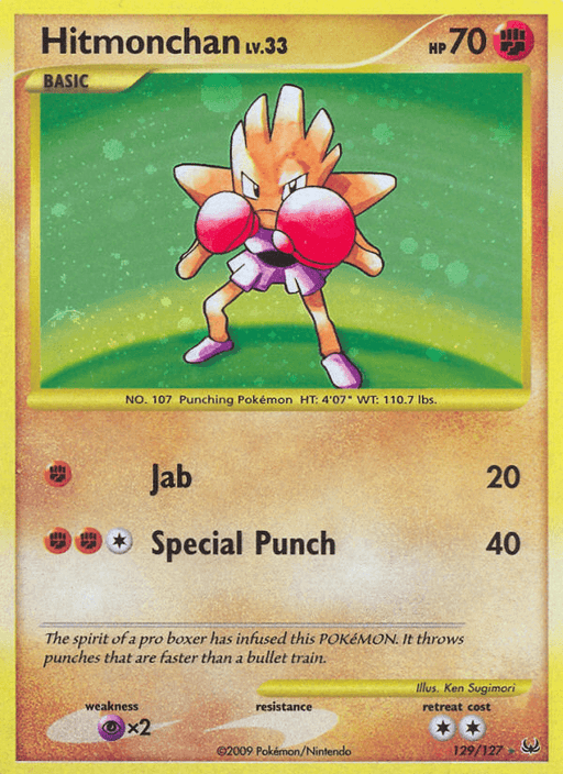 A Pokémon Hitmonchan (129/127) [Platinum: Base Set] from the Platinum Base Set featuring Hitmonchan, a humanoid creature with spiky shoulders, wearing red boxing gloves and a tunic. The Ultra Rare card shows it as a Basic level, with 70 HP. Its abilities are 'Jab' for 20 damage and 'Special Punch' for 40 damage. It is No. 107, a Punching Pokémon.
