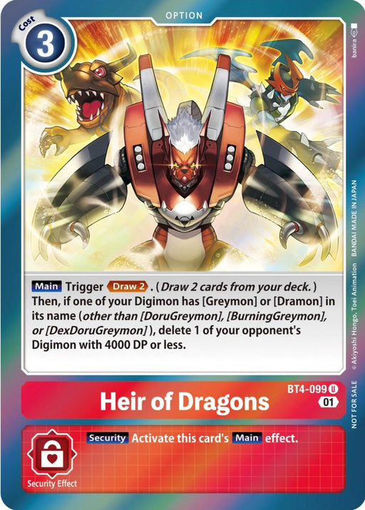 A Digimon product, Heir of Dragons [BT4-099] from the ST-11 Special Entry Pack in the Great Legend Promos series, showcases a cost of 3. The card features a robotic dragon with wings and claws at the center, surrounded by smaller dragon figures. It has a rainbow gradient border and includes text detailing its effect, with the security effect also appearing at the bottom.