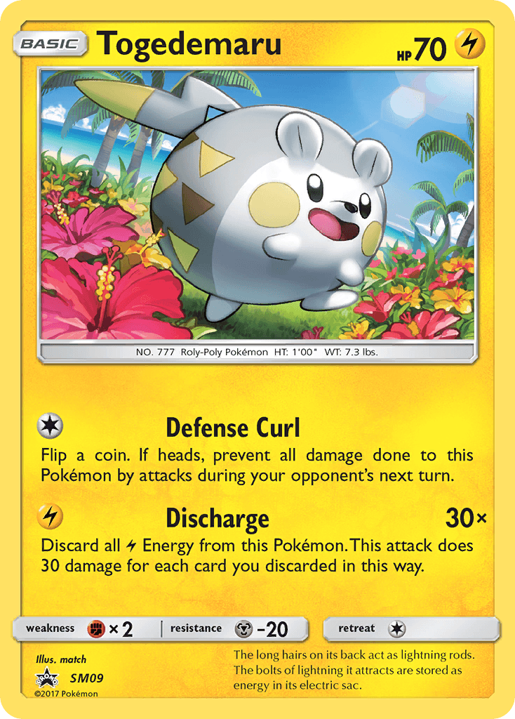 A **Togedemaru (SM09) [Sun & Moon: Black Star Promos]** Pokémon card with a yellow background, labeled 