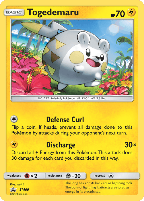 A **Togedemaru (SM09) [Sun & Moon: Black Star Promos]** Pokémon card with a yellow background, labeled "SM09," stands out as a Black Star Promo from the Sun & Moon series. Togedemaru, a round, gray, and white Pokémon with yellow cheeks and spiny back, is illustrated standing in a lush jungle. The card includes details on health points, abilities, attacks, weakness to lightning-type moves, resistance,

---