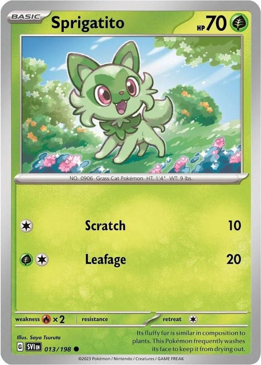 A promo Pokémon card featuring Sprigatito, a green, cat-like Pokémon with large eyes and a pink collar. It has 70 HP and hails from the Scarlet & Violet Base Set. The card shows its two attacks: Scratch (10 damage) and Leafage (20 damage). There is a tree and some grass in the background. The card number is Sprigatito (013/198) (Paldea Collection) [Scarlet & Violet: Base Set].