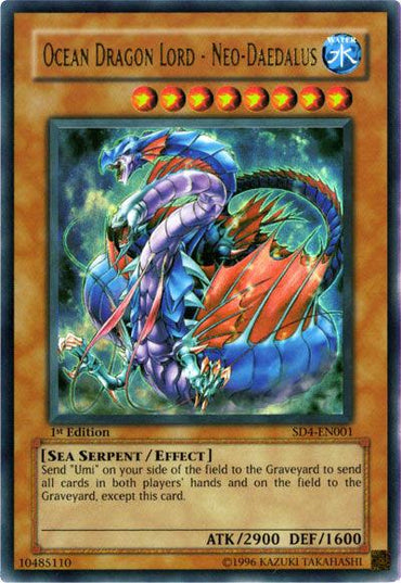 The image showcases a Yu-Gi-Oh! card named "Ocean Dragon Lord - Neo Daedalus [SD4-EN001]" in Ultra Rare, adorned with captivating purple and blue scales. This 1st Edition Effect Monster card has an ATK of 2900 and DEF of 1600, with an effect that connects to the "Umi" field spell, making it perfect for enhancing your Structure Deck.