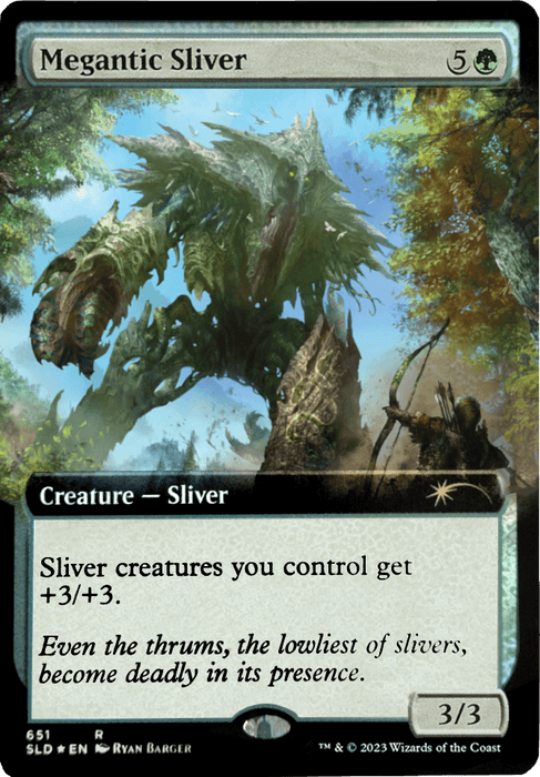 A Magic: The Gathering card titled "Megantic Sliver (Extended Art) [Secret Lair Drop Promos]." This rare, green insect-like creature boasts a towering, spiky body and writhing tendrils. Its mana cost is 5 green. As a 3/3 creature, it grants all Sliver creatures you control +3/+3. Art by Ryan Barger.