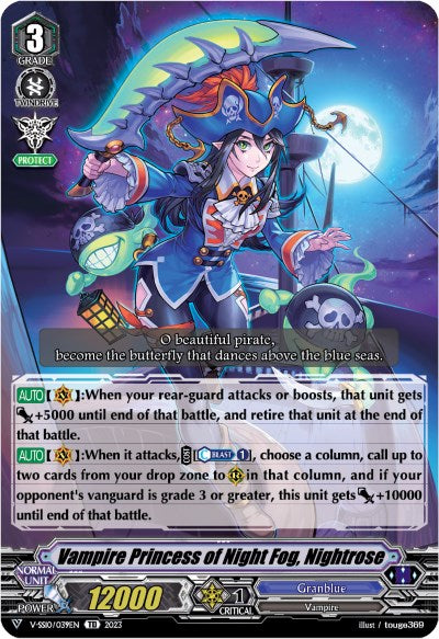 The "Vampire Princess of Night Fog, Nightrose" card from the Premium Battle Deckset 2023 by Bushiroad showcases a character with long blue hair adorned with a pirate hat, holding a glowing flower amidst a crescent moon and blue mist. The card features detailed stats, abilities, and a description at the bottom.