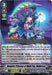 The "Vampire Princess of Night Fog, Nightrose" card from the Premium Battle Deckset 2023 by Bushiroad showcases a character with long blue hair adorned with a pirate hat, holding a glowing flower amidst a crescent moon and blue mist. The card features detailed stats, abilities, and a description at the bottom.