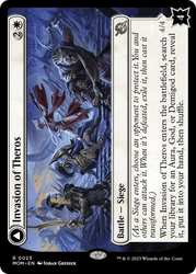 A Magic: The Gathering card titled "Invasion of Theros // Ephara, Ever-Sheltering [March of the Machine]." This Battle — Siege card, part of the March of the Machine series, costs one white and two generic mana. The card art depicts a dramatic battle scene involving mythical warriors and gods. The white-themed card details the game mechanics regarding entering the battlefield and transforming.