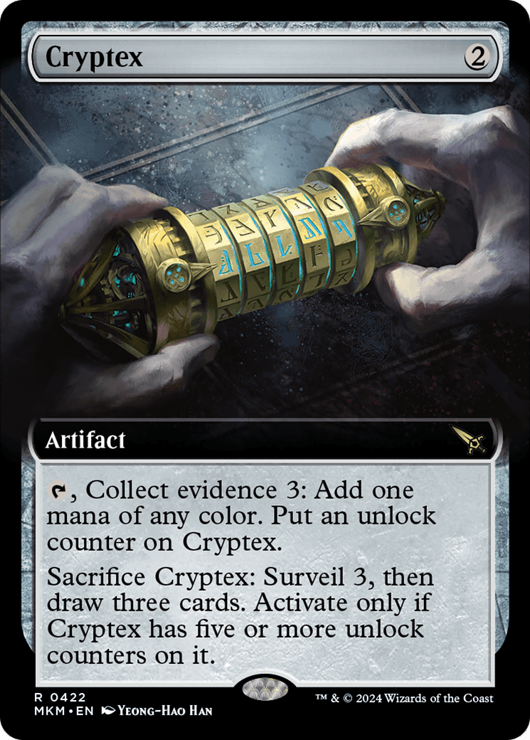 A pair of hands holds a cylindrical, brass and steel device resembling a cryptex with intricate engravings and rotating rings featuring various symbols. The card title reads 