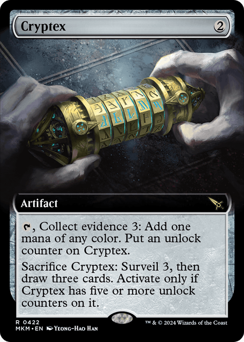 A pair of hands holds a cylindrical, brass and steel device resembling a cryptex with intricate engravings and rotating rings featuring various symbols. The card title reads "Cryptex (Extended Art) [Murders at Karlov Manor]" with a mana cost of two colorless. It's an artifact card from Magic: The Gathering, with abilities for collecting evidence and drawing cards.