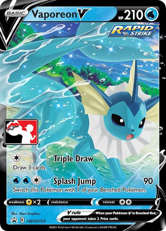 A Vaporeon V (SWSH150) [Prize Pack Series One] Pokémon card. The card shows Vaporeon, a blue, aquatic, fox-like creature with a finned tail and fins around its head, swimming underwater. This Prize Pack Series One card is a Rapid Strike type with 210 HP. Its attacks include Triple Draw and Splash Jump. Weakness is Grass, and it's the Sword & Shield Promo card 150.