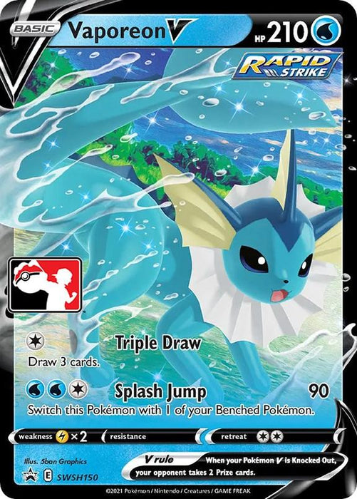 A Vaporeon V (SWSH150) [Prize Pack Series One] Pokémon card. The card shows Vaporeon, a blue, aquatic, fox-like creature with a finned tail and fins around its head, swimming underwater. This Prize Pack Series One card is a Rapid Strike type with 210 HP. Its attacks include Triple Draw and Splash Jump. Weakness is Grass, and it's the Sword & Shield Promo card 150.