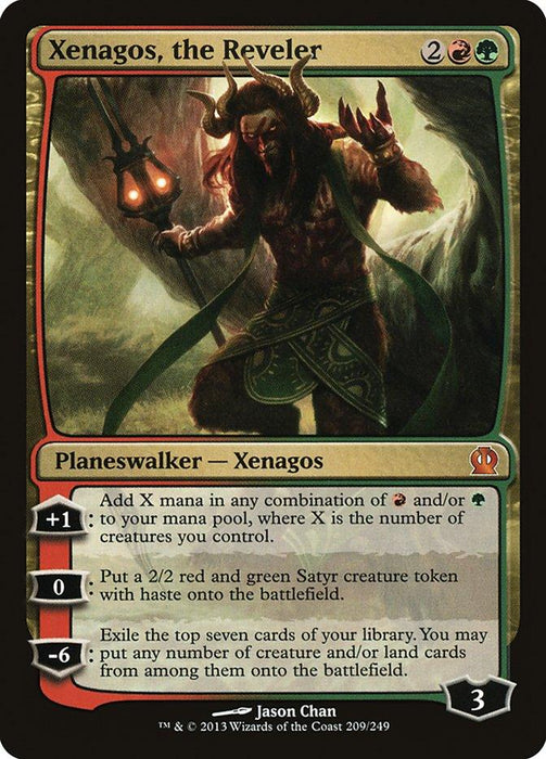 A "Magic: The Gathering" card featuring "Xenagos, the Reveler [Theros]" from Magic: The Gathering. It shows a horned, muscular Legendary Planeswalker standing on rocky terrain with a fiery background. The card text describes Xenagos' abilities, including adding mana, creating Satyr tokens, and exiling cards to produce creature and/or land cards.