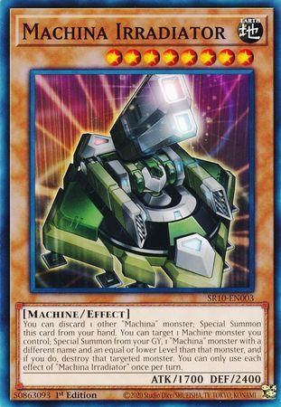 A Yu-Gi-Oh! trading card titled "Machina Irradiator [SR10-EN003] Common" is featured in the Structure Deck: Mechanized Madness. This Effect Monster showcases a green mechanical robot with tank-like treads and a glowing cannon on its shoulder. Boasting 1700 attack and 2400 defense points, it bears the card number SR10-EN003.