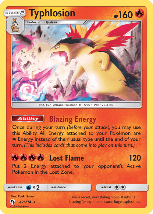 A Pokémon Typhlosion (42/214) [Sun & Moon: Lost Thunder]. This Fire Type is illustrated with flames erupting from its neck and showcases its stats: 160 HP, and abilities "Blazing Energy" and "Lost Flame," dealing 120 damage. The Holo Rare is numbered 42/214, illustrated by Kouki Saitou.