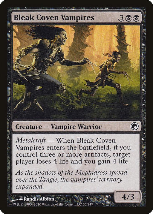 A "Magic: The Gathering" card titled Bleak Coven Vampires [Scars of Mirrodin] from the Scars of Mirrodin set. The card depicts two armed vampire warriors running through a dark forest. It costs 3 black mana and 2 colorless mana, with stats 4/3. As a Creature — Vampire Warrior with Metalcraft, it triggers life loss and gain upon entering the battlefield.