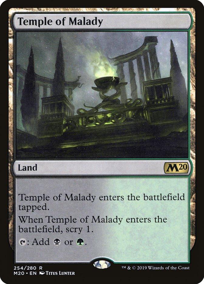 The image is a "Magic: The Gathering" card called "Temple of Malady [Core Set 2020]." It showcases a dark, eerie temple with green hues, mist, and ancient, crumbling architecture. The card text reads: "Temple of Malady enters the battlefield tapped. When Temple of Malady enters the battlefield, scry 1. Tap: Add black or green.