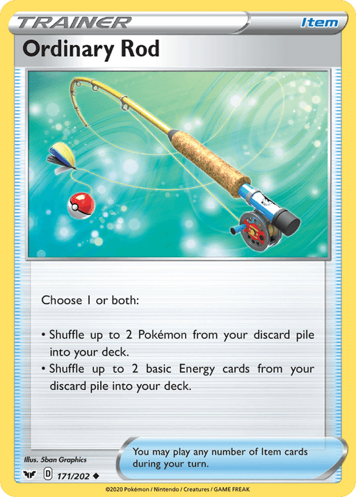 A Pokémon trading card featuring the "Ordinary Rod (171/202) [Sword & Shield: Base Set]" trainer item from the Pokémon series. The card depicts a fishing rod with a Poké Ball on the hook, emerging from swirling blue water. The rod has a cork grip and a mechanical reel. Text indicates shuffling Pokémon and Energy cards from the discard pile into the deck.