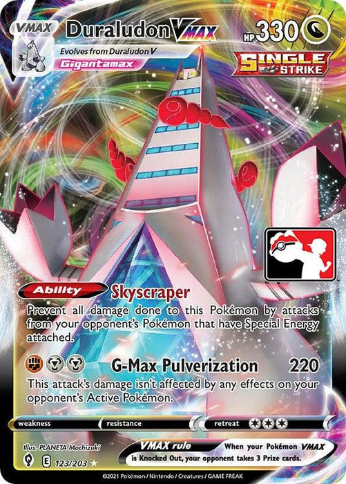 A Duraludon VMAX (123/203) [Prize Pack Series One] Pokémon card with 330 HP, classified as Ultra Rare. It features the "Skyscraper" ability, preventing damage from special energy attacks, and the move "G-Max Pulverization," dealing 220 damage unaffected by effects. The card is number 123/203 from PLANETA Tsuji, 2021, Pokémon/GAME FREAK.