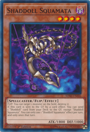 A Yu-Gi-Oh! card from the Structure Deck Shaddoll Showdown featuring "Shaddoll Squamata [SDSH-EN006] Common." The creature, a DARK attribute Spellcaster/Flip/Effect Monster, has a snake-like body with purple and gold armor, holding curved blades. The card's stats are ATK/1800 DEF/1000, with detailed text describing its abilities.