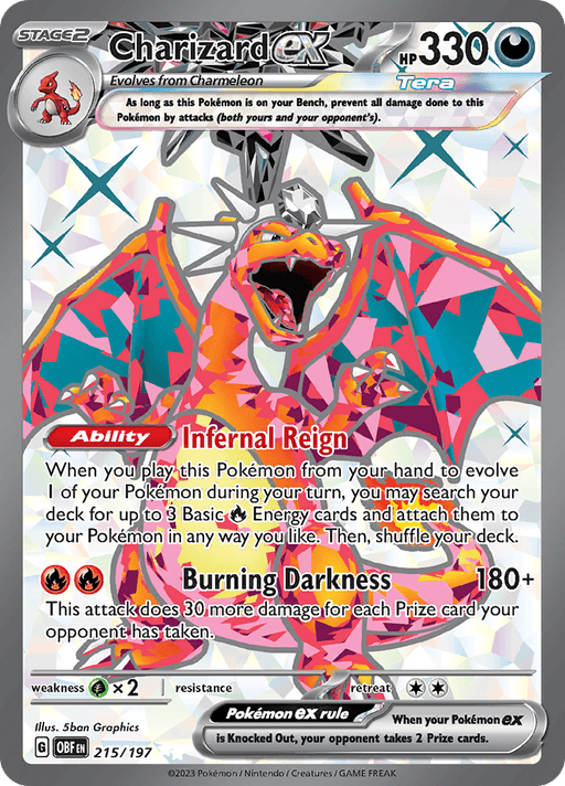 A Pokémon Charizard ex (215/197) [Scarlet & Violet: Obsidian Flames] card with 330 HP. Charizard has its wings spread wide and is surrounded by a colorful, mosaic background. The Ultra Rare card's abilities are Infernal Reign and Burning Darkness. Illustrated by 5ban Graphics, it is labeled 215/197 from the Scarlet & Violet—Obsidian Flames expansion.