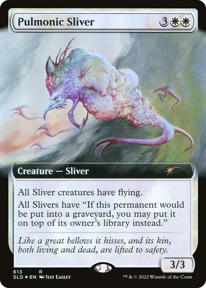 An extended art illustration from the Secret Lair Drop Promos series titled "Pulmonic Sliver," by Magic: The Gathering, depicts this mystical creature with wings set against a cloudy backdrop. It features 3/3 power and toughness, and its unique ability grants flying and resurrection abilities to all Slivers.